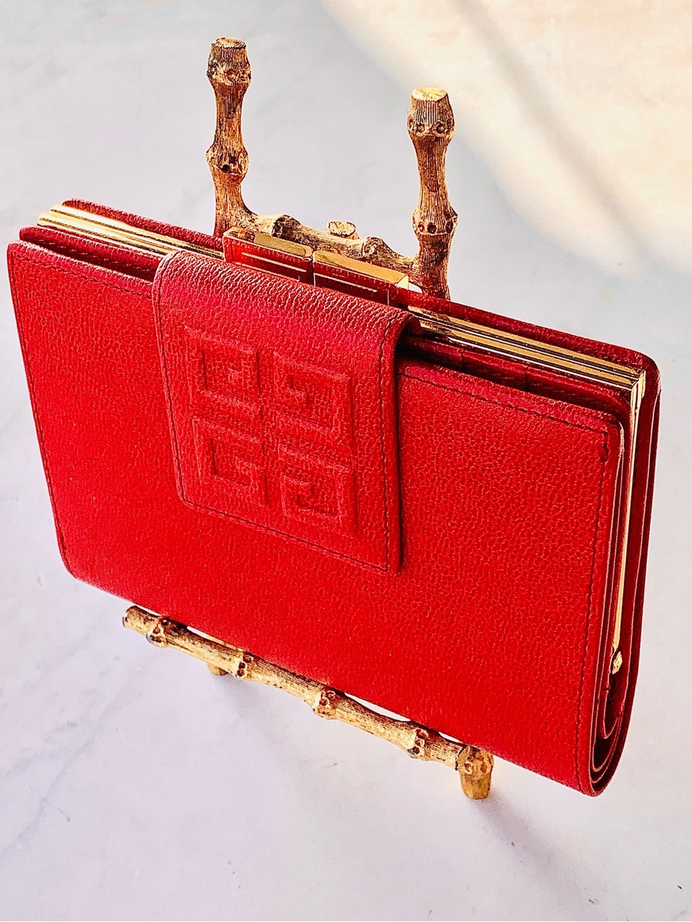 GIVENCHY Red Leather Wallet Clutch with Embossed Logo KISSLOCK